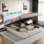 Lit coffre double - tanant - 160x200 cm - led int�gr�e - rangement pratique - cuir pu blanc