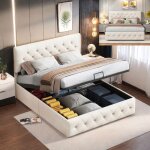 Lit coffre 160 x 200 cm - leww - lit 2 personnes - sommier à lattes - coffre de rangement - tissu en ... Lit coffre 160 x 200 cm - leww - lit 2 personnes - sommier à lattes - coffre de rangement - tissu en ...
