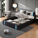 Lit coffre double 160x200 avec sommier et led chargement usb et type c cuirlit de rangement hydraulique2 ...