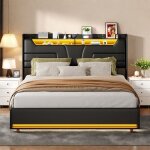 Lit coffre double 160x200 - m�canisme silencieux - led rgb 20 couleurs - t�te de lit cuir pu noir - ports ...