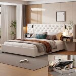 Lit coffre double 160x200 cm avec lampe de lecture lit rembourr� avec 2 tables de nuit chargement usb ...