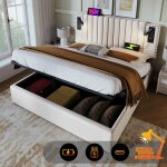 Lit coffre - lit 180x200 cm - sommier � lattes - ports usb & type - c - t�te de lit r�glable avec lampe ...