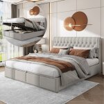 Lit coffre double 180x200cm lit adulte lit rembourr� en lin avec rangement hydraulique et sommier � lattes ...