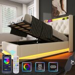 Lit coffre 90x200 blanc sans matelas lit capitonn� en pu avec led 360� usb - c t�te de lit rangement ...