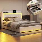 Lit coffre double adulte 140x200 cm avec sommier  lattes cadre de lit avec led et usb tte de lit style ...