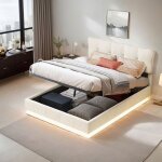 Lit coffre double adulte 160x200cm en velours beige lit 2 personnes avec �clairage�led sommier � lattes ...