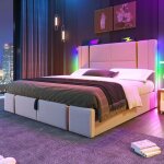 Lit coffre double capitonn� 140 x 200 cm avec chargement led et usb type - c sommier � lattes en boislinbeigem ...