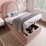Lit coffre enfant 90 x 200 cm velours rose avec motif cosmique pour garons et filles (matelas non inclus) ...