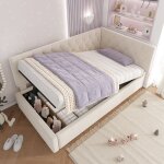 Lit coffre enfant 90x190 cm - avec rangement - tissu en velours - avec sommier � lattes - beige