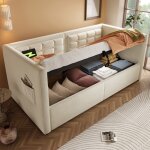Lit coffre enfant 90x200 cm - avec espace de rangement - avec usb et type - c - velours - beige