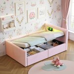 Lit coffre enfant - novélys - 90x200cm - led usb & rangement - lit banquette en velours rose Lit coffre enfant - novélys - 90x200cm - led usb & rangement - lit banquette en velours rose