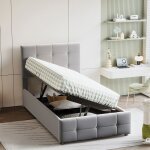 Lit coffre lit enfant rembourr� 90x200 cm lit de rangement hydraulique t�te de lit r�glable en hauteur ...