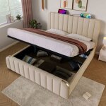 Lit coffre hydraulique 180x200 cm beige avec usb type - c ? t�te de lit capitonn�e dor�e design moderne ...