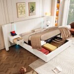 Lit coffre hydraulique 180x200 cm lit double rembourr� en velours avec bande led ports usb tables de ...