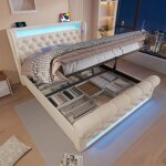 Lit coffre hydraulique lit rembourr� 140x200 cm avec lumi�re led port usb + type - c mati�re velours ...