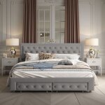 Lit coffre king size 180x200 avec tiroirs cadre de lit rembourr� en tissu gris t�te de lit et sommier ...