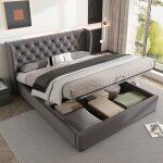 Lit coffre - langtu - chesterfield 140x190 - velours gris - sommier � lattes - coffre hydraulique