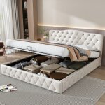Lit coffre - langtu - lit rembourr� 180x200 cm - pu blanc - sommier � lattes - coffre de rangement