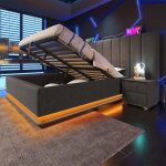 Lit coffre en lin 160�200 cm lit double adulte rembourr� gris avec rangementusb?c sommier tapissier ledlattes ...