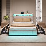 Lit coffre en lin beige 140 x 200 cm lit double avec led et port usb lit adulte avec tiroir de rangement ...