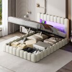 Lit coffre en lin beige 160 x 200 cm lit double avec led et port usb lit adulte coffre hydraulique avec ...
