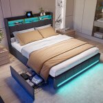 Lit coffre en lin gris 140 x 200 cm lit double avec led et port usb lit adulte avec tiroir de rangement ...