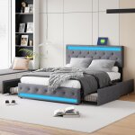 Lit coffre en lin gris 160�200 cm 4 tiroirs led ports de charge type - c et usb sommier � lattes
