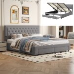 Lit coffre - noname - 160x200 - velours gris - 2 tiroirs - sommier  lattes