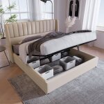 Lit adulte 180x200 coffre tapiss� en tissu beige t�te de lit � rayures verticales sommier hydraulique ...