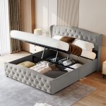 Lit coffre rembourr - marque - 140x200 - tte de lit capitonne - velours gris - 2 places
