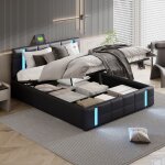 Lit coffre rembourr 140x200 avec sommier  lattes lit adulte avec bande lumineuse verticale et port ...