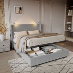 Lit coffre - gris - 140x200 cm - t�te de lit avec liseuse - sommier � lattes - velours c�tel�