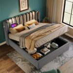 Lit coffre - sea wall - 140x200 - velours gris - lampes de lecture + usb - sommier � lattes rangement ...
