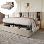 Lit coffre rembourr 160x200 cm - avec prises usb et recharge sans fil et tte de rangement - tissu en ...