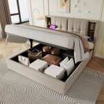 Lit coffre rembourr 180x200 cm - avec prises usb et chargement sans fil et tte de rangement - tissu ...