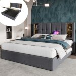 Lit coffre rembourr 180x200 cm - avec prises usb et recharge sans fil et tte de rangement - tissu en ...