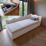 Lit coffre rembourr� 90x200 cm avec led lit banquette avec sommier � lattes et t�te lit enfant beige ...