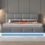 Lit coffre rembourr� hydraulique 160x200 cm - simili cuir gris sommier � lattes m�tal led sans matelas ...
