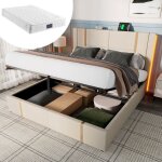 Lit coffre simple capitonn� 140 x 200 cm avec chargement led et usb type - c sommier � lattes en bois ...