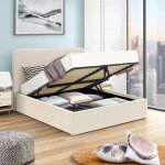 Lit coffre t�te de lit haute ? couchage 140x190 cm ? tissu velours beige - sommier inclus - anton