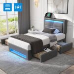 Lit coffre - tkopy - lit simple rembourr� 90x200 cm avec led et usb - lit dadolescent avec 4 tiroirs ...