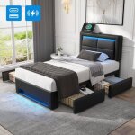 Lit coffre - tkopy - lit simple rembourr� 90x200 cm avec led et usb - lit dadolescent avec 4 tiroirs ...