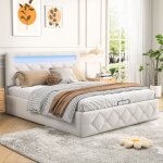 Lit coffre en velours 140x200cm lit double avec led multicolore grand espace rangement hydraulique sommier ...