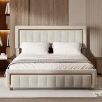 Lit coffre en velours blanc cass� 160x200 cm lit double avec bordure dor�e coffre hydraulique et sommier ...