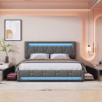 Lit coffre - v�lyon - 160 x 200 cm - lit rembourr� avec �clairage led - 4 tiroirs de rangement et t�te ...