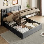 Lit double 160x200 cm gris lampe de lecture lit coffre rangement hydraulique sommier � lattes cadre de ...