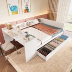 Lit combine 140x200 cm en bois avec bureau 2 tiroirs blanc