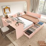 Lit combine 140x200 cm lit plat en bois avec bureau 2 tiroirs rose Lit combine 140x200 cm lit plat en bois avec bureau 2 tiroirs rose