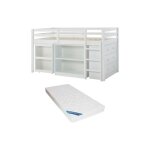 Lit combiné 90 x 190 cm avec rangements et bureau extensible - pin et mdf - blanc + matelas - abreno Lit combiné 90 x 190 cm avec rangements et bureau extensible - pin et mdf - blanc + matelas - abreno