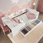 Lit combine 90x200 cm lit plat en bois avec bureau 2 tiroirs blanc
